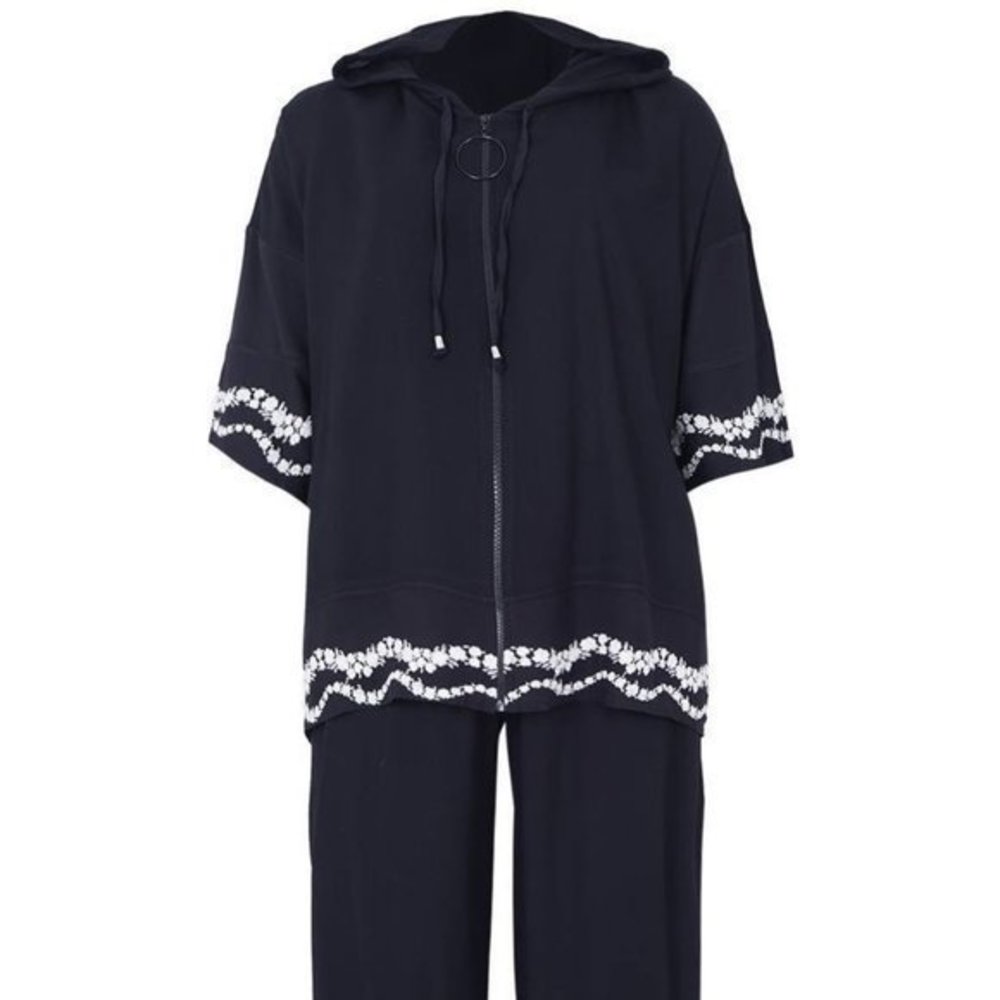 Designer black cotton pant suit set embroidered US 18-20 2XL summer lightweight